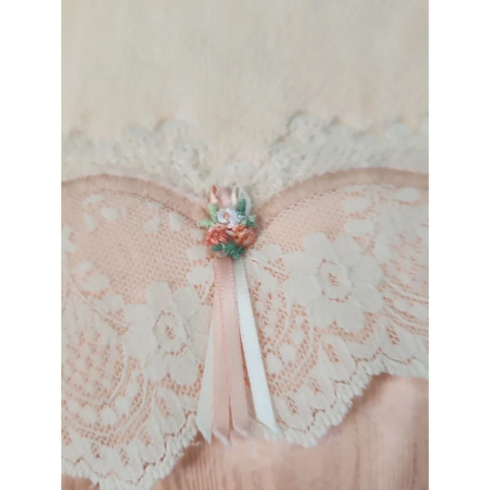 Vtg 1980s Bibb Mills Bath Towel Peach Pink Satin Lace Heart Cottagecore Coquette
